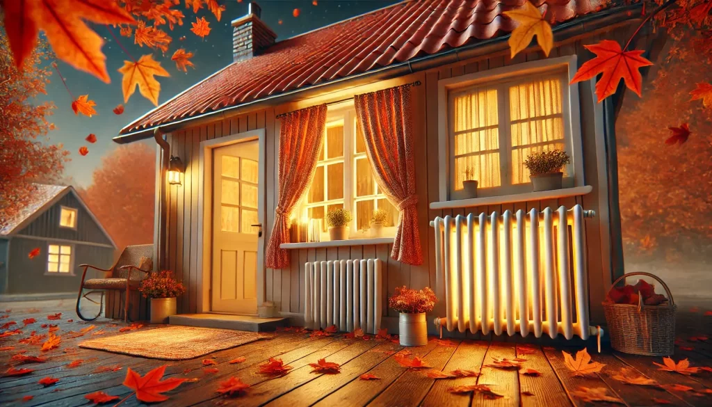 Maison chaleureuse en automne avec chauffage allumé et feuilles tombantes à l'extérieur.