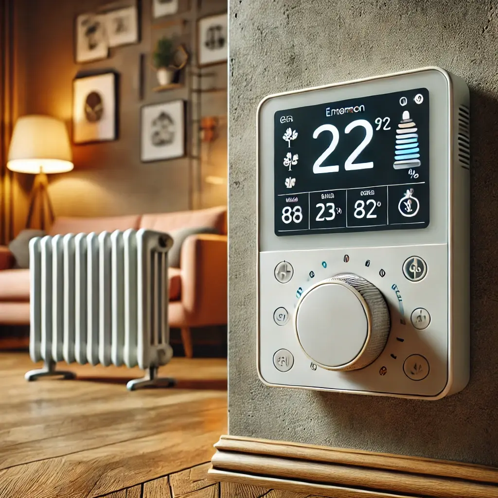 Thermostat programmable avec réglages économes et radiateur à basse consommation.