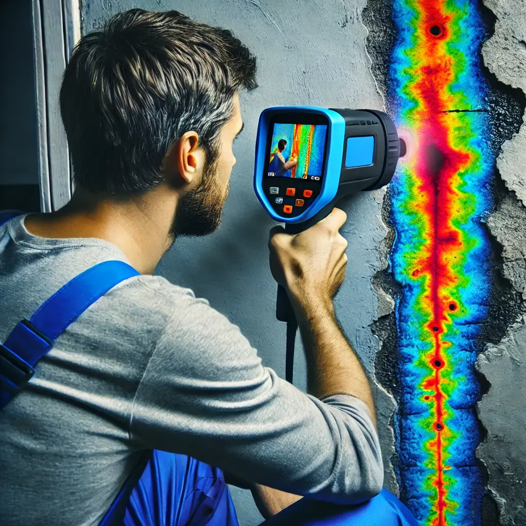 Utilisation d'une caméra thermique pour détecter l’origine d’une fuite d’eau cachée.