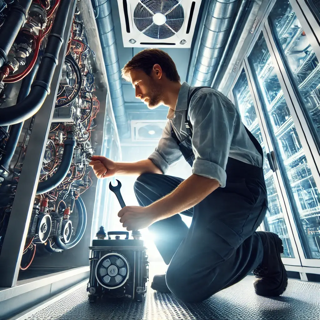 Technicien frigoriste effectuant une réparation rapide sur un système de réfrigération commercial, avec des outils professionnels et équipements modernes en arrière-plan.