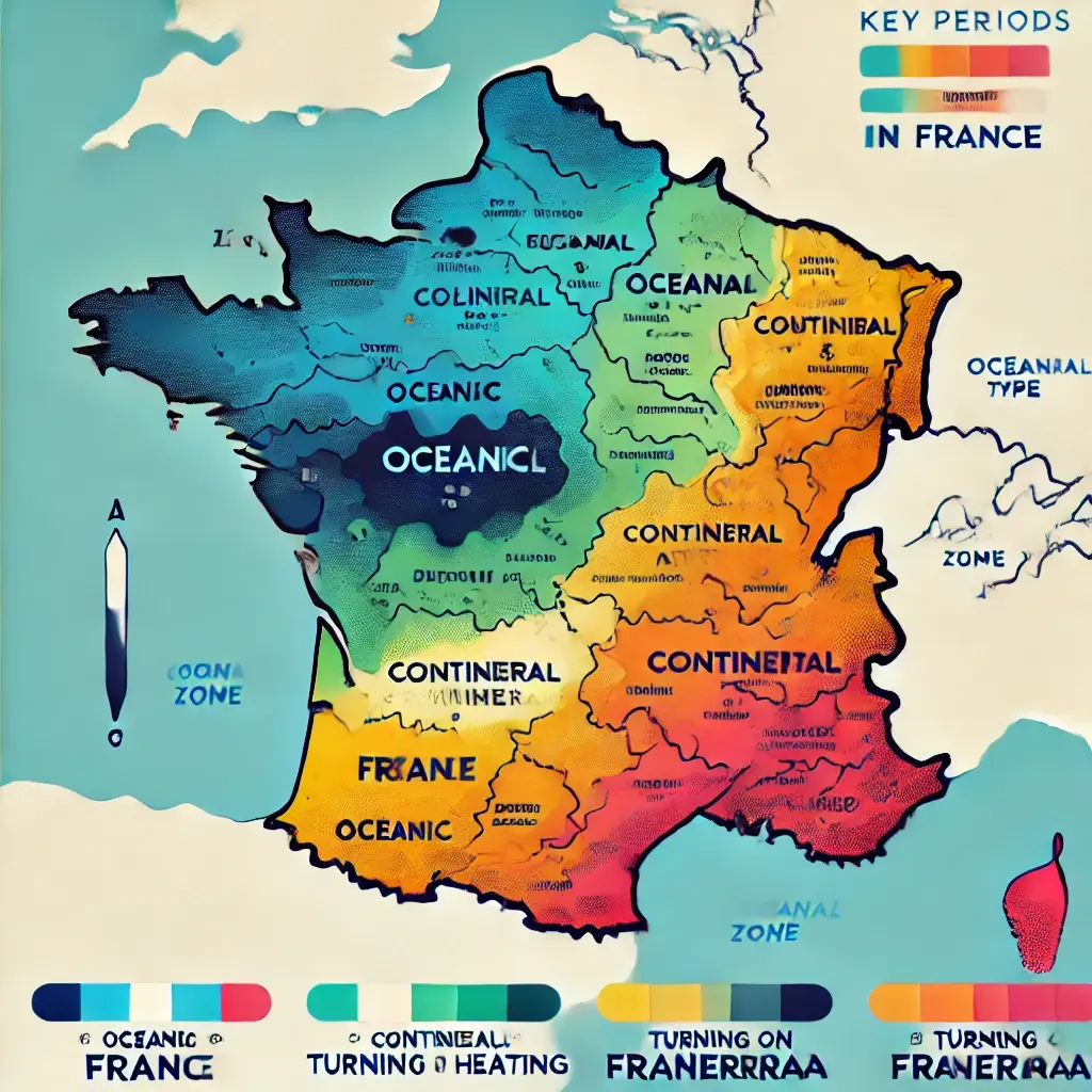 Carte des régions de France avec périodes d’allumage du chauffage selon le climat.