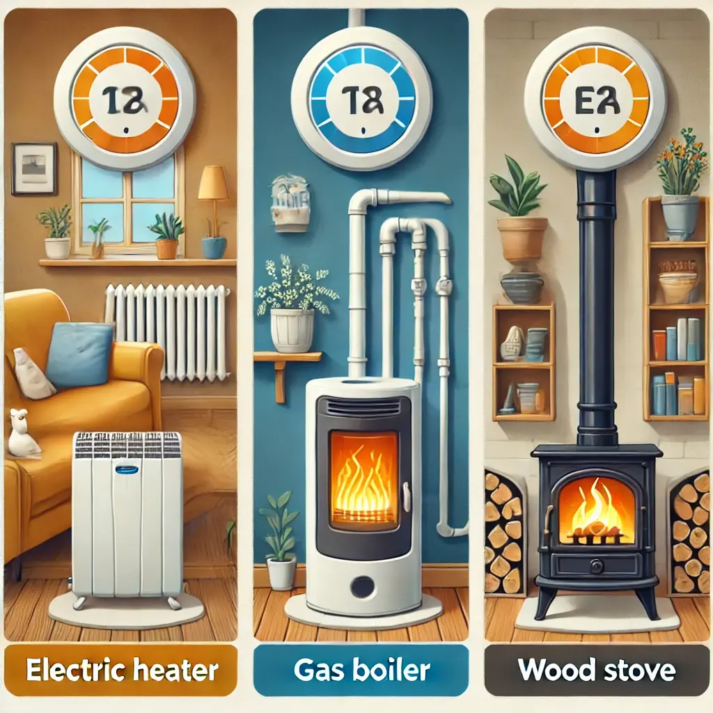 Différents types de chauffage : électrique, gaz, et bois avec leur moment d'allumage.