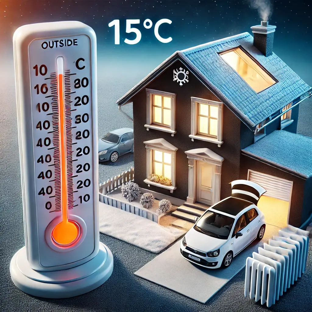 Thermomètre extérieur indiquant 15°C, seuil pour allumer le chauffage dans la maison.
