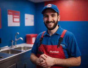 Un plombier contente de faire une réparation plomberie à mâcon