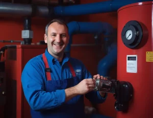 Un chauffagiste qui est heureux de faire une intervention sur une chaudiere dans une ambiance rouge et bleu