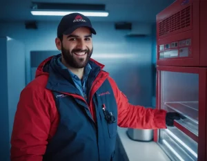 Un frigoriste qui est heureux de faire une intervention sur une chambre froidedans une ambiance bleu et rouge