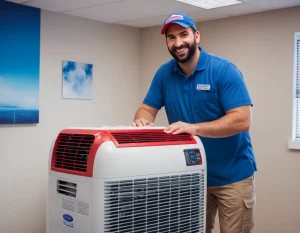 Un technicien en climatisation qui est heureux de faire une intervention sur un climatiseur dans un bureau
